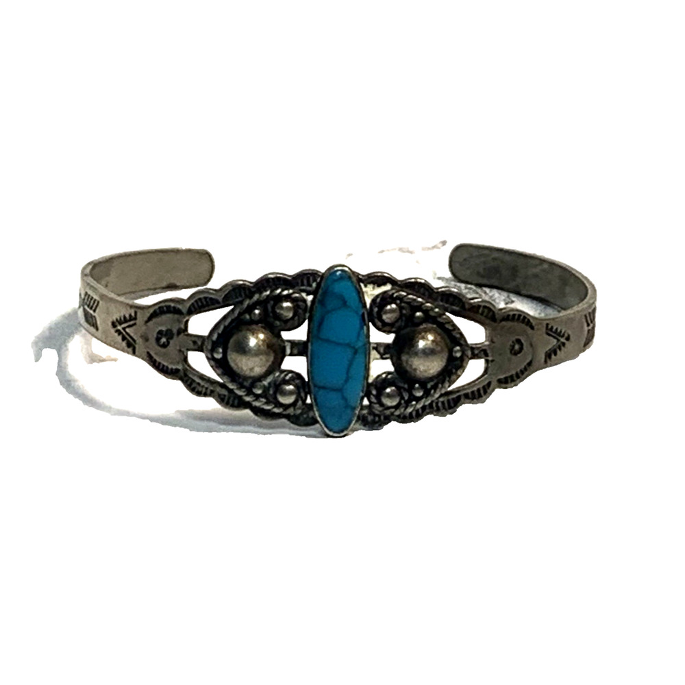 Southwestern Faux Turquoise Cuff Bracelet Vintage Stamped Silver Tone Ethnic